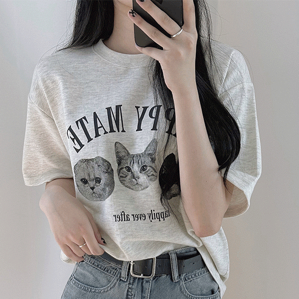 [오트밀 주문폭주] 메이트 캣, 프린팅 박시핏 반소매 티셔츠
